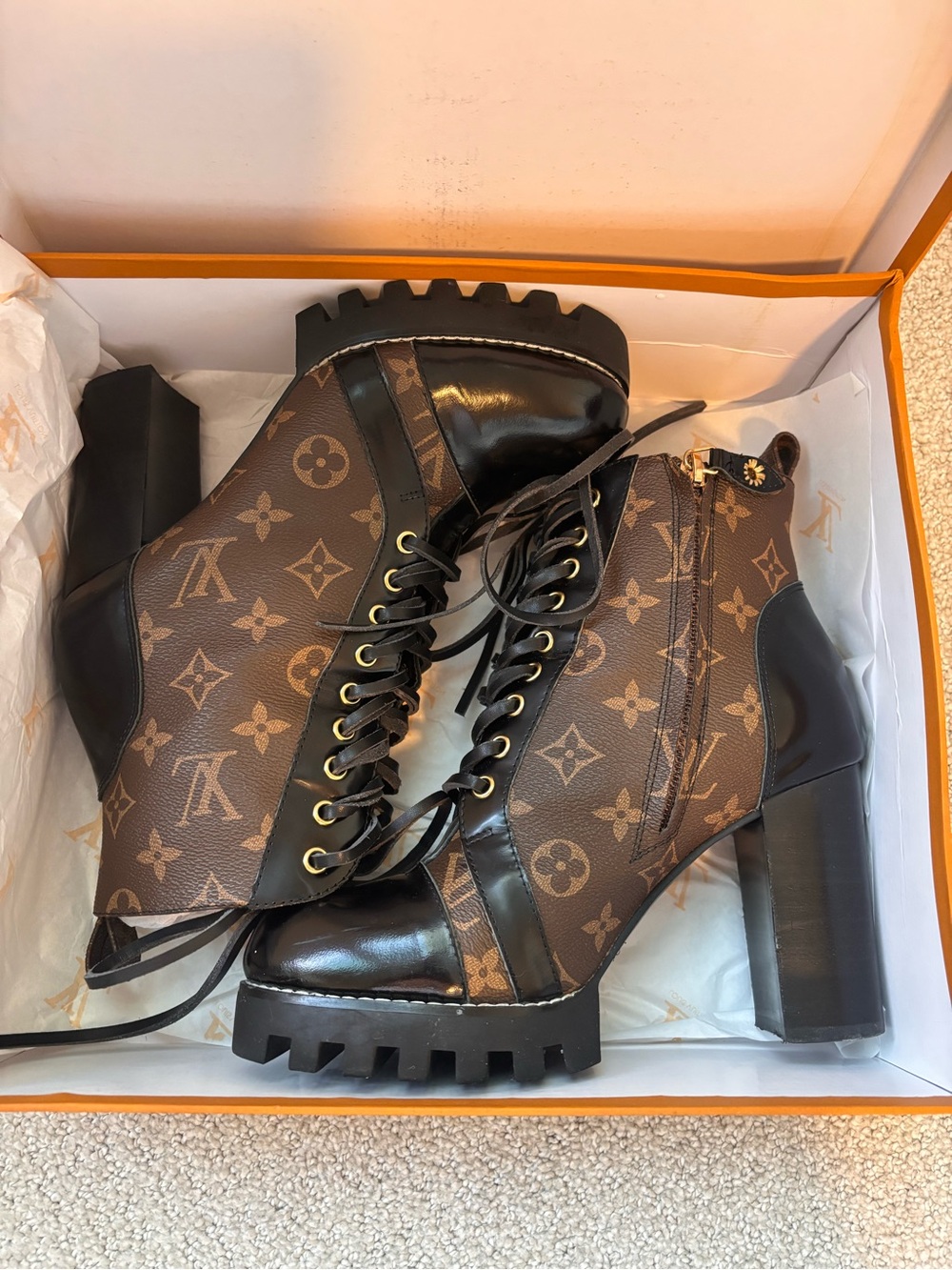 Louis Vuitton Brown Monogram Lace-Up Leather Block Heel Ankle Boots - Picture 7 of 7